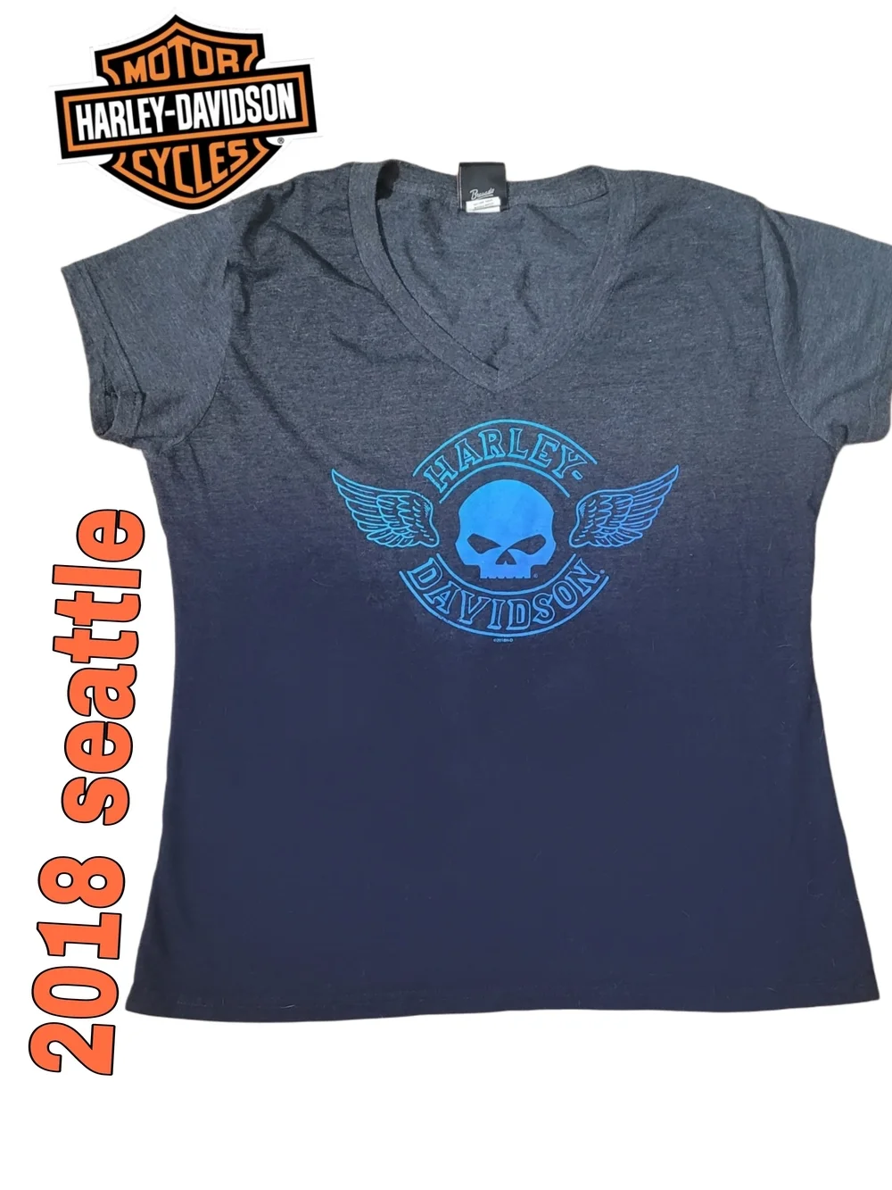 Harley-Davidson Seattle Women's Charcoal to Navy Ombre Tee with Turquoise Skull